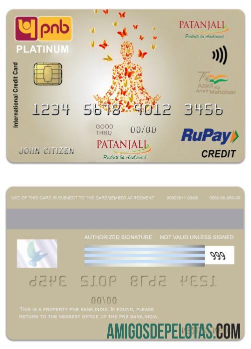 Cartão de crédito India PNB Bank Patanjali RuPay Platinum amostra